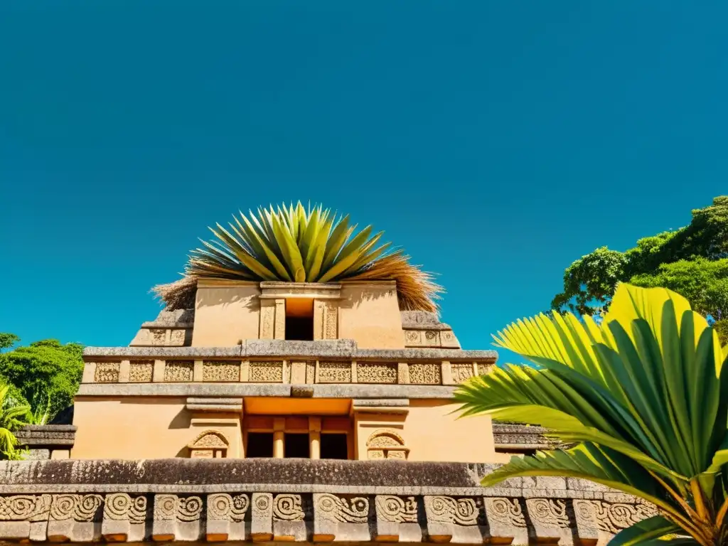 Innovación en fibras vegetales para construcción: Fotografía vintage de arquitectura maya con detalles de fibras naturales en construcción