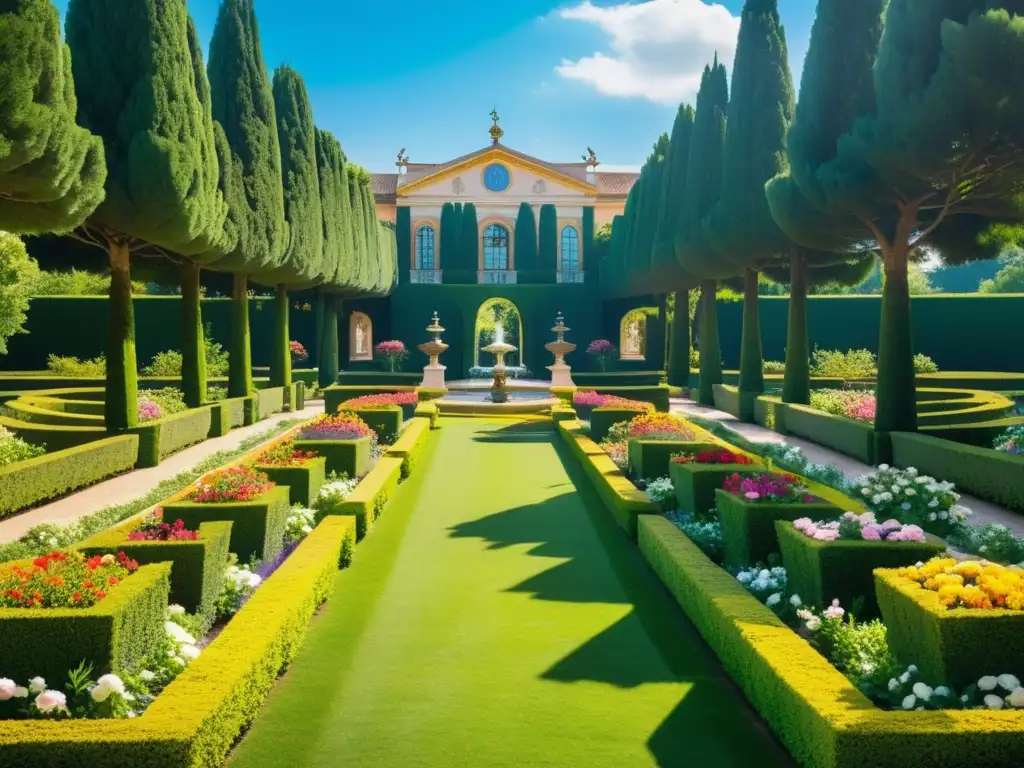 Jardín barroco con flores coloridas, fuentes elaboradas y pavos reales