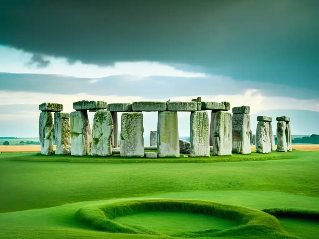 Foto en alta resolución de Stonehenge, con el círculo de piedras icónico destacando en un cielo dramático