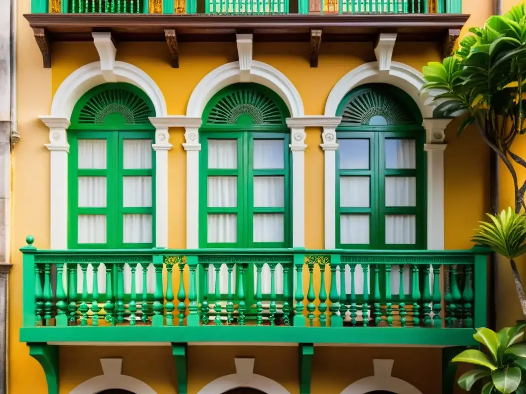 Foto de arquitectura colonial en América Latina: detallada fachada portuguesa en Brasil con ornamentos y exuberante vegetación tropical