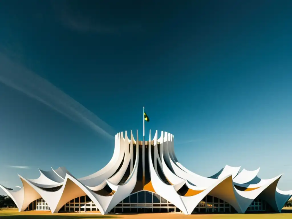 Foto en blanco y negro de la icónica arquitectura moderna en Brasilia, destacando sus formas geométricas y curvas