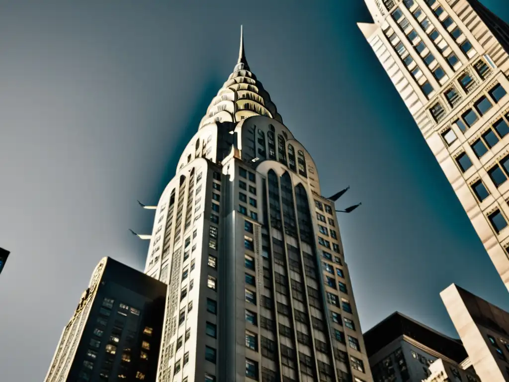 Foto en blanco y negro del icónico Chrysler Building en Nueva York, destacando su arquitectura moderna futurista y dinamismo urbano