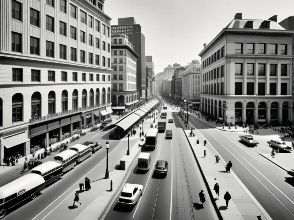 Foto en blanco y negro de una bulliciosa calle de la ciudad, con arquitectura histórica y moderna