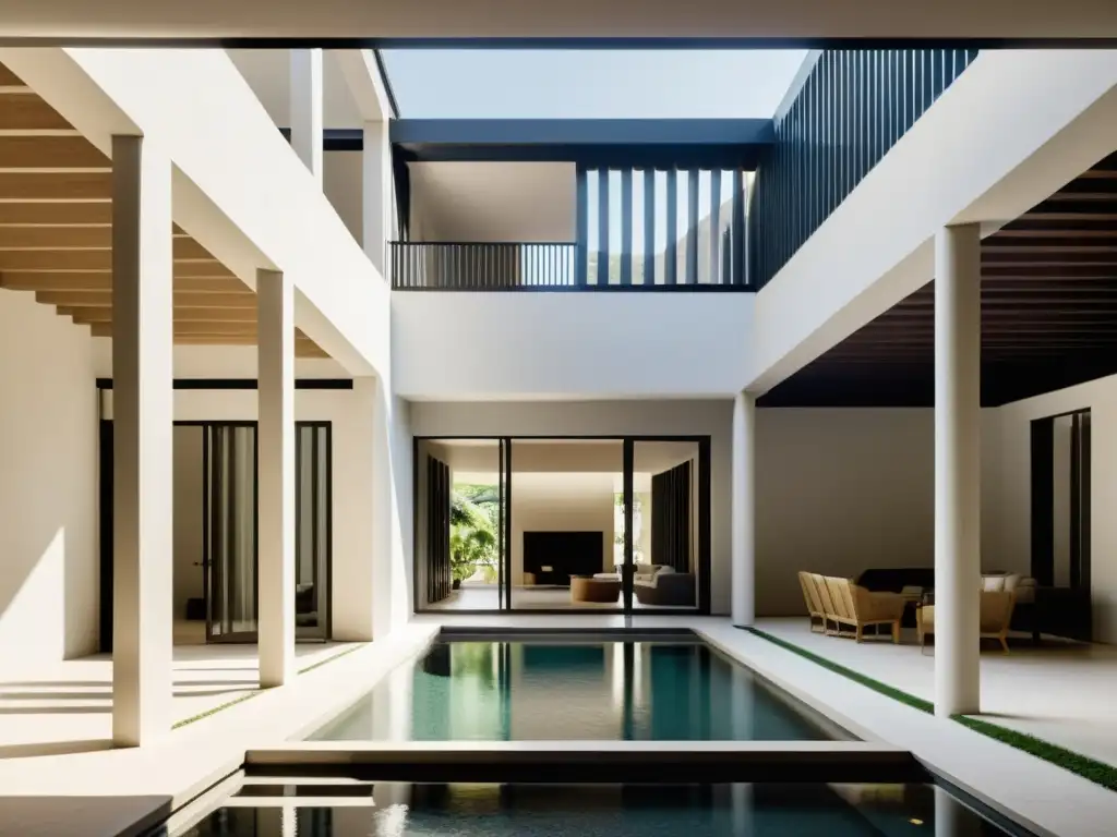 Foto en blanco y negro de una casa tradicional con patio central, mostrando ventilación cruzada en arquitectura histórica