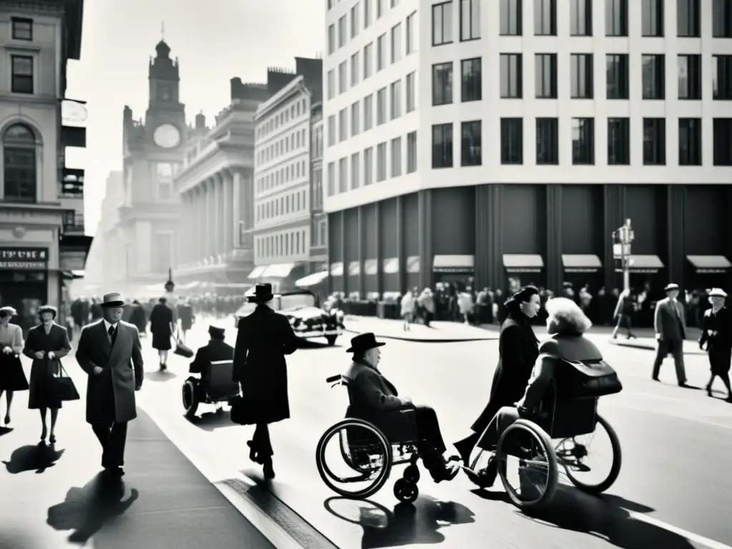 Foto en blanco y negro de ciudad con arquitectura antigua y moderna, personas con diversidad funcional y herramientas software accesibilidad arquitectura integradas