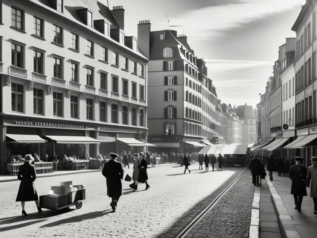 Foto en blanco y negro de una concurrida calle de una ciudad europea posguerra, con detalles arquitectónicos intrincados en los edificios