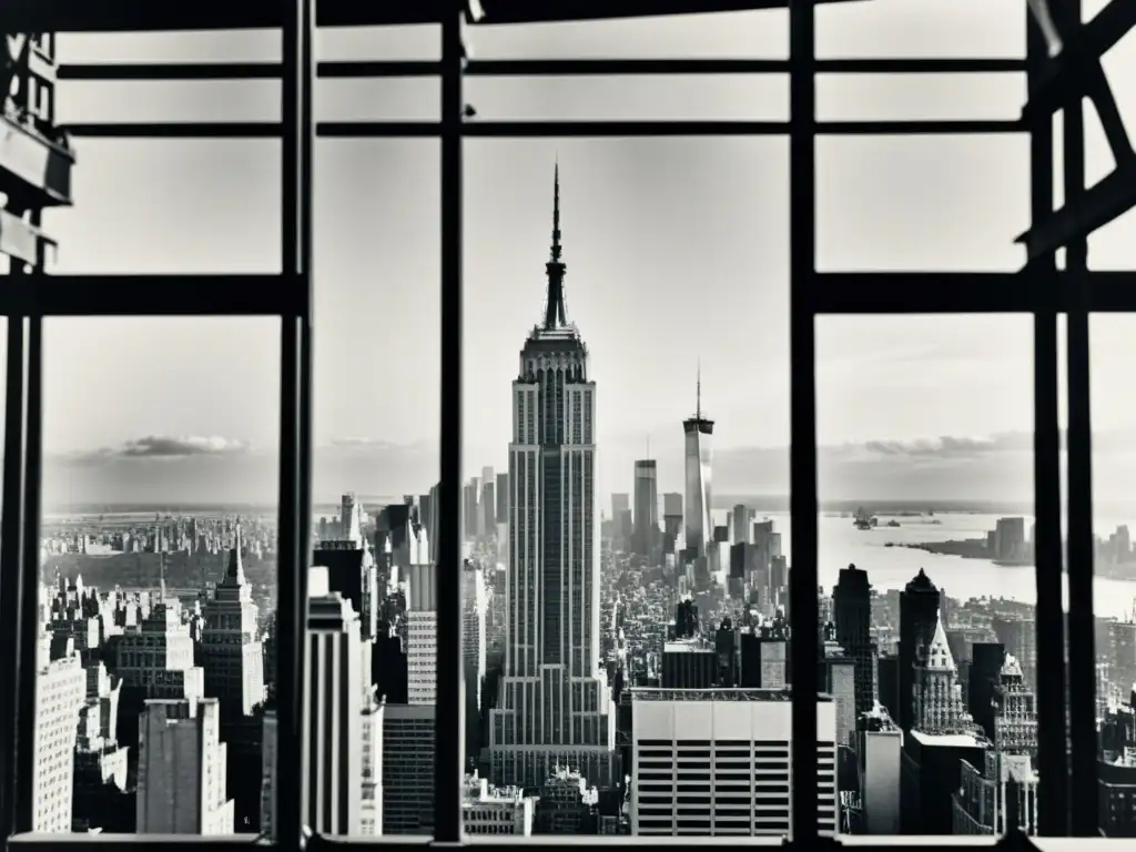 Foto en blanco y negro de la construcción del icónico Empire State Building en Nueva York, mostrando la competencia histórica por las catedrales altas