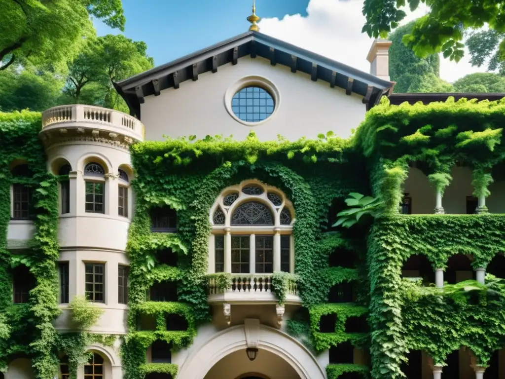 Foto en blanco y negro de un edificio histórico con diseño sostenible, rodeado de exuberante vegetación y detalles arquitectónicos impresionantes