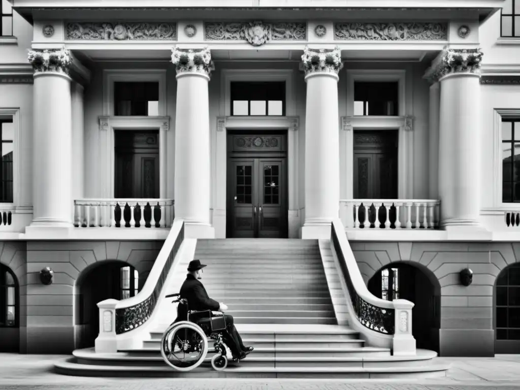 Foto en blanco y negro de un edificio histórico con accesibilidad para sillas de ruedas y pasamanos