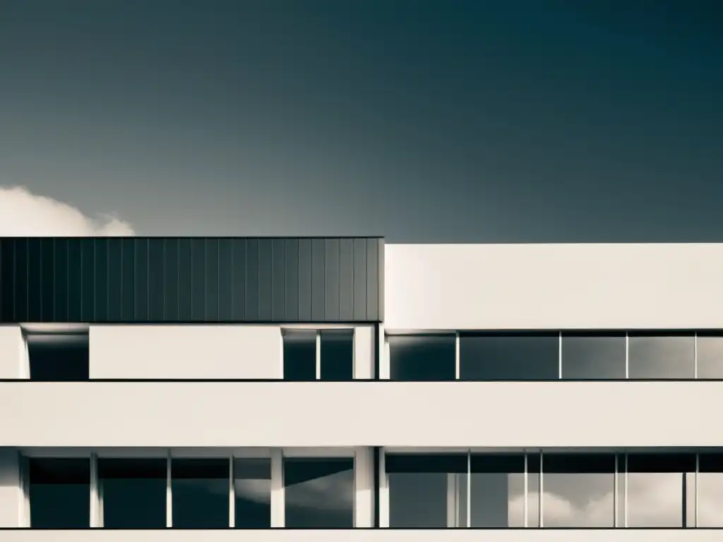 Foto en blanco y negro de un edificio modernista, destacando sus líneas limpias y formas geométricas