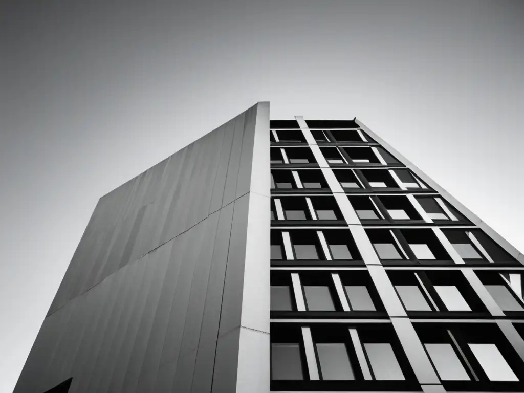 Foto en blanco y negro de un edificio deconstructivista que transmite complejidad y disonancia