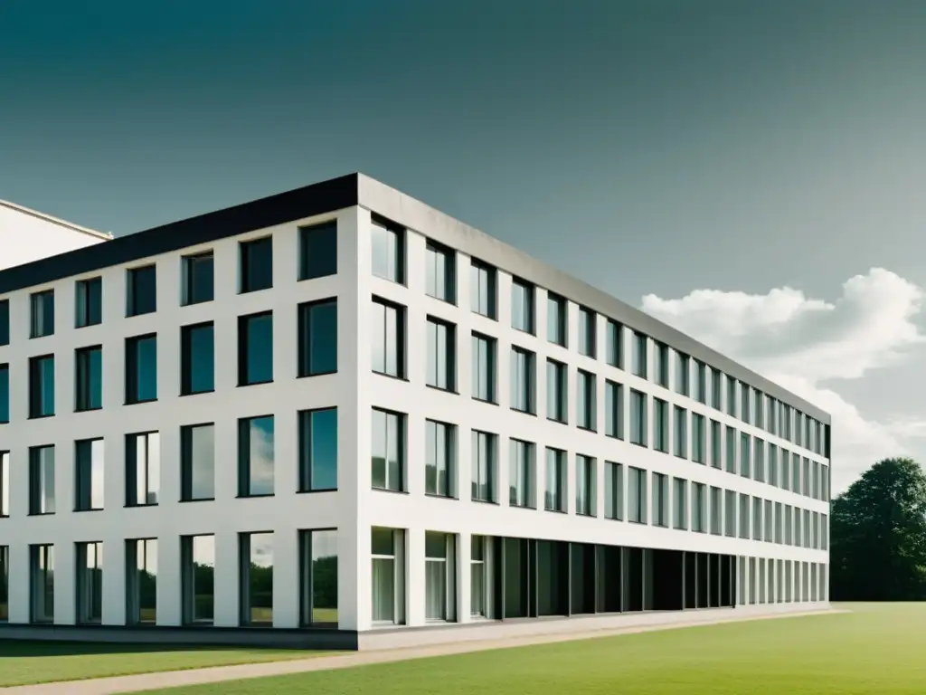 Foto en blanco y negro del icónico edificio Bauhaus en Dessau, Alemania, destacando su arquitectura histórica y elegante