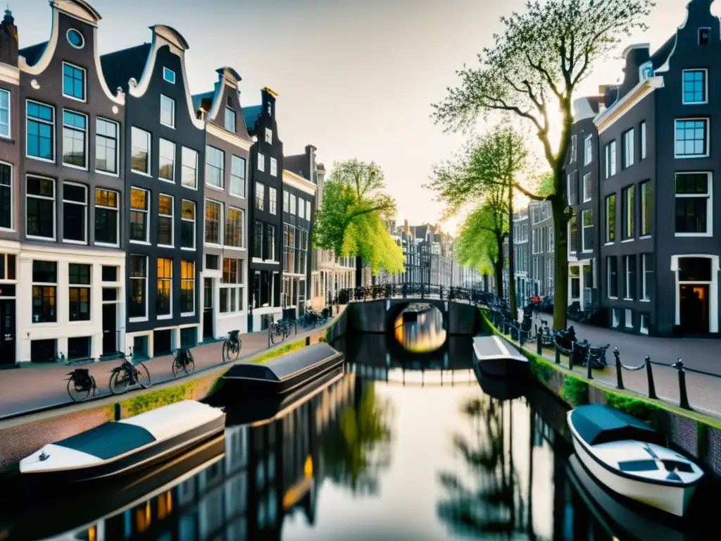 Foto en blanco y negro de los icónicos canales de Ámsterdam, reflejando la ingeniería histórica de la ciudad y su encanto atemporal