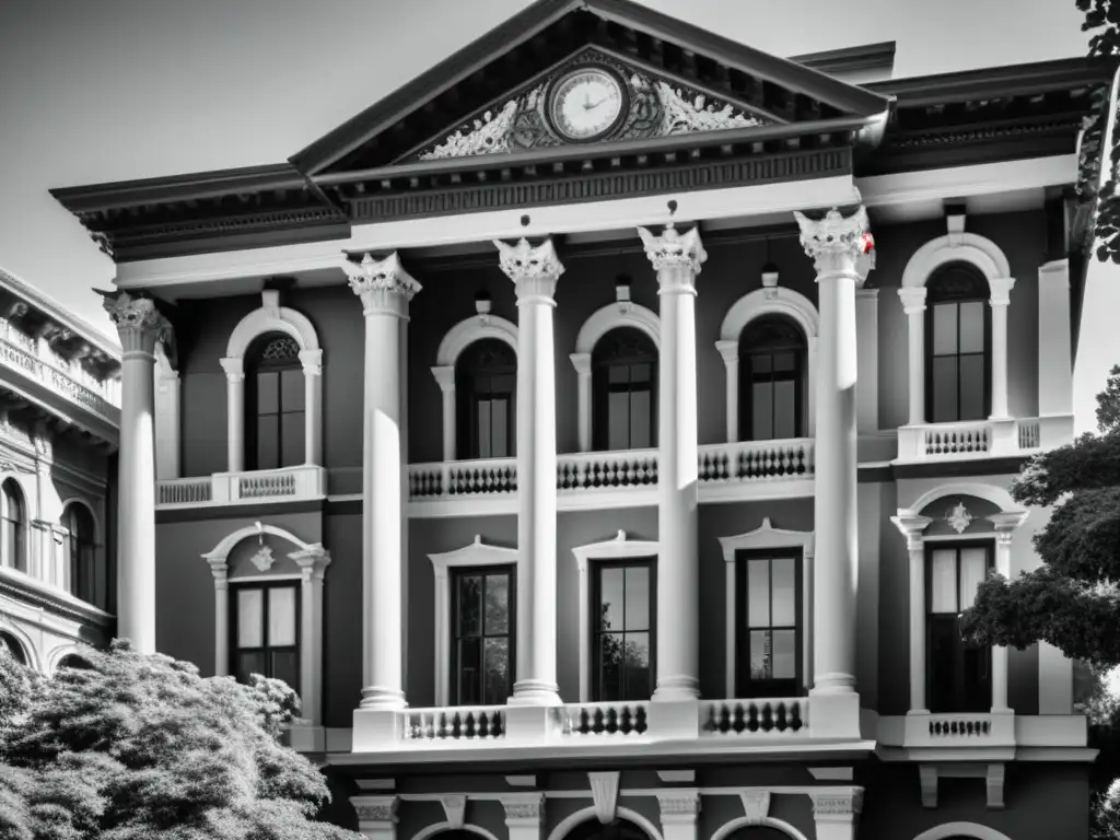 Foto en blanco y negro de un majestuoso edificio histórico rodeado de exuberante vegetación