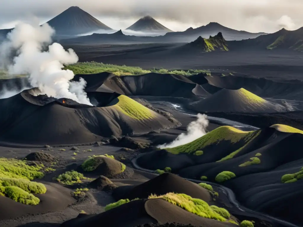 Foto en blanco y negro de paisaje volcánico con arquitectura adaptativa en zonas volcánicas