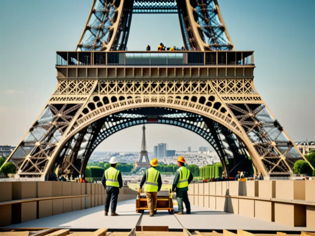 Foto sepia de la construcción de la Torre Eiffel, evocando la evolución de la accesibilidad en estructuras históricas