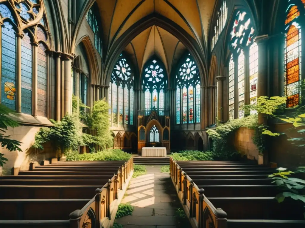 Foto de alta resolución de una catedral gótica en declive, con detalles arquitectónicos y vidrieras