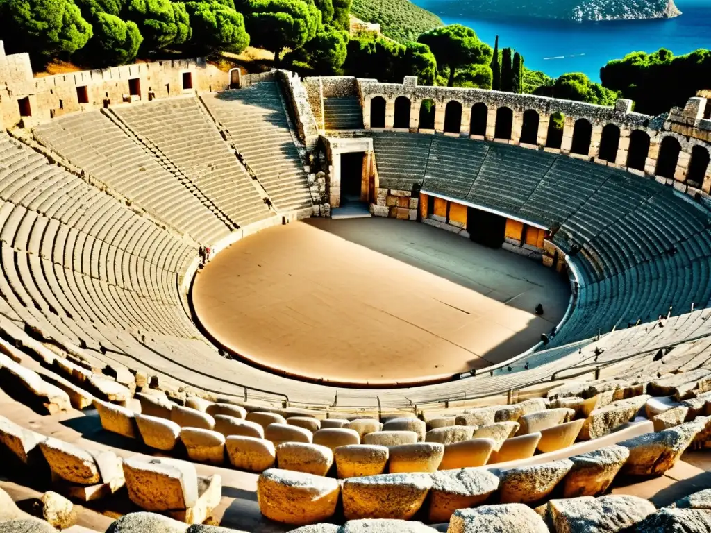 Foto vintage en alta resolución del antiguo teatro de Epidauro en Grecia, destacando sus maravillas arquitectónicas y entorno natural atemporal