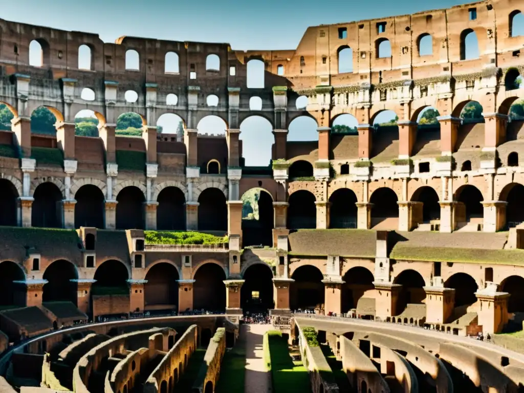 Foto vintage en alta resolución del interior del Coliseo Romano, resaltando sus detalles arquitectónicos