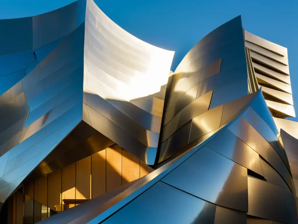 Foto vintage del icónico Walt Disney Concert Hall en Los Ángeles, resaltando su arquitectura deconstructivista con formas angulares y superficies metálicas reflectantes