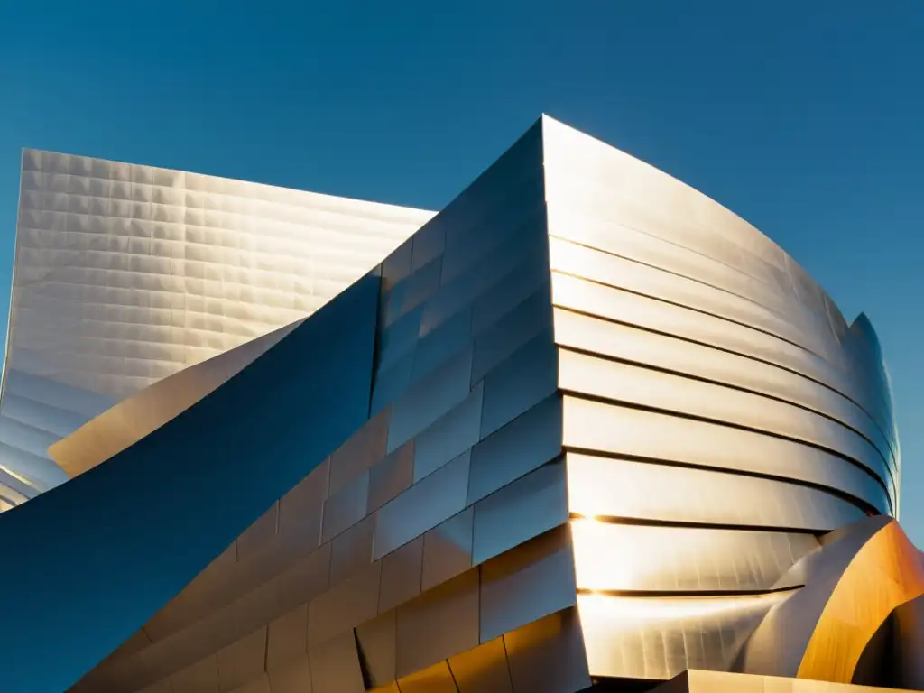 Foto vintage del icónico Walt Disney Concert Hall en Los Ángeles, destacando su fachada metálica, líneas angulares y estructura fragmentada