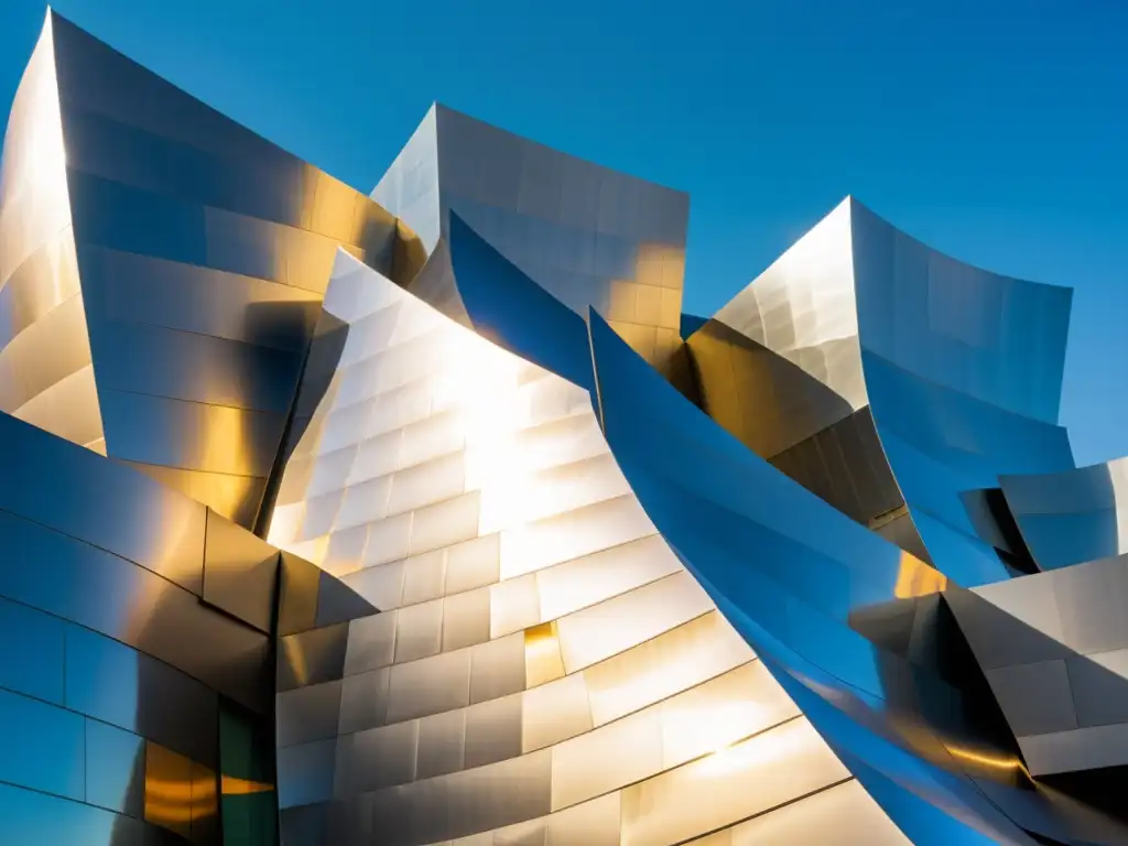 Foto vintage del Walt Disney Concert Hall en Los Ángeles, con lenguaje visual deconstructivista, comunicando desorden y armonía arquitectónica