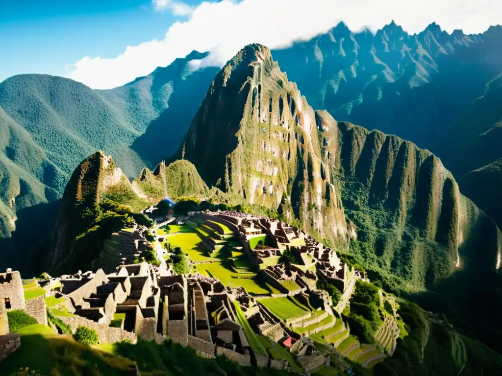 Foto vintage de Machu Picchu, con arquitectura inca, terrazas y montañas andinas, evocando su legado histórico y belleza atemporal