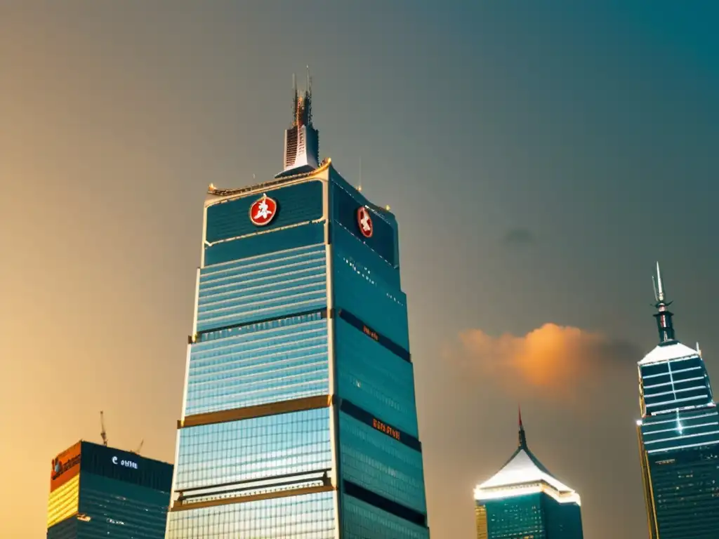 Foto vintage del icónico Bank of China Tower en Hong Kong, resaltando su arquitectura moderna en contraste con el skyline de la ciudad al atardecer