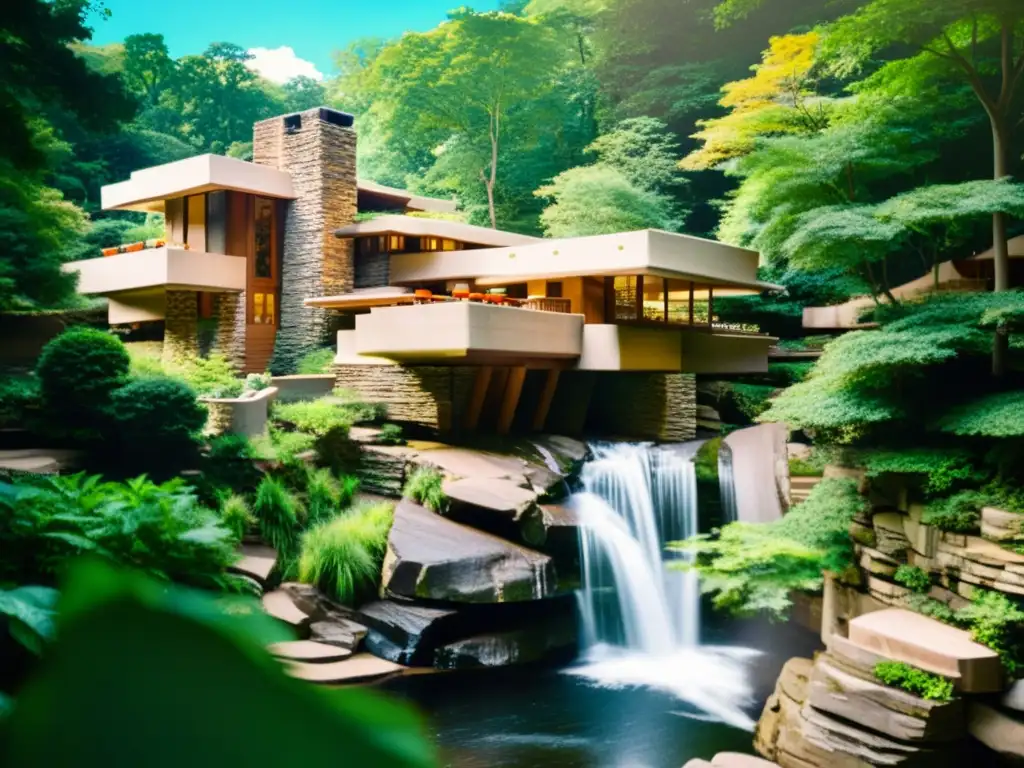 Foto vintage de la arquitectura orgánica contemporánea de Frank Lloyd Wright integrada armoniosamente con la naturaleza