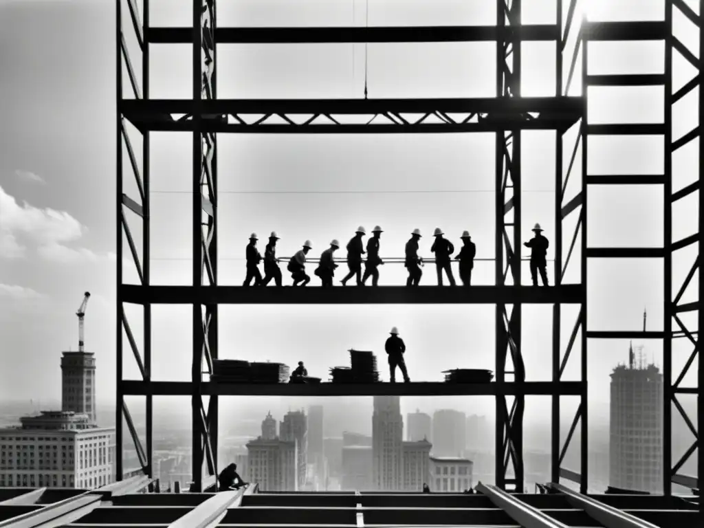 Foto vintage en blanco y negro de trabajadores construyendo un rascacielos, reflejando la ambición y el costo de su construcción y mantenimiento