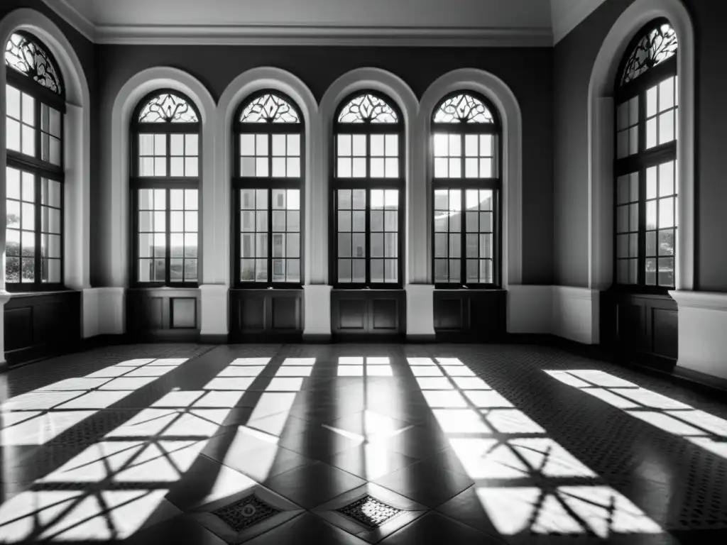 Foto vintage en blanco y negro de un edificio histórico con ventilación natural y elegancia arquitectónica