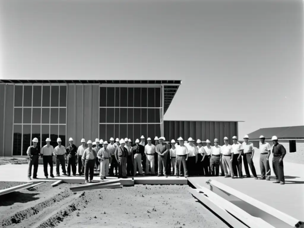 Foto vintage en blanco y negro de trabajadores de la construcción en la década de 1950 frente a un edificio de energía cero en construcción