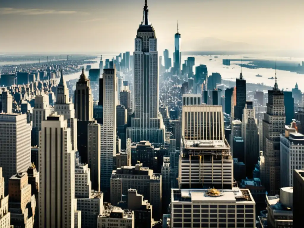 Foto vintage en blanco y negro del Empire State Building en construcción en los años 30, mostrando la competencia de rascacielos y su impacto local