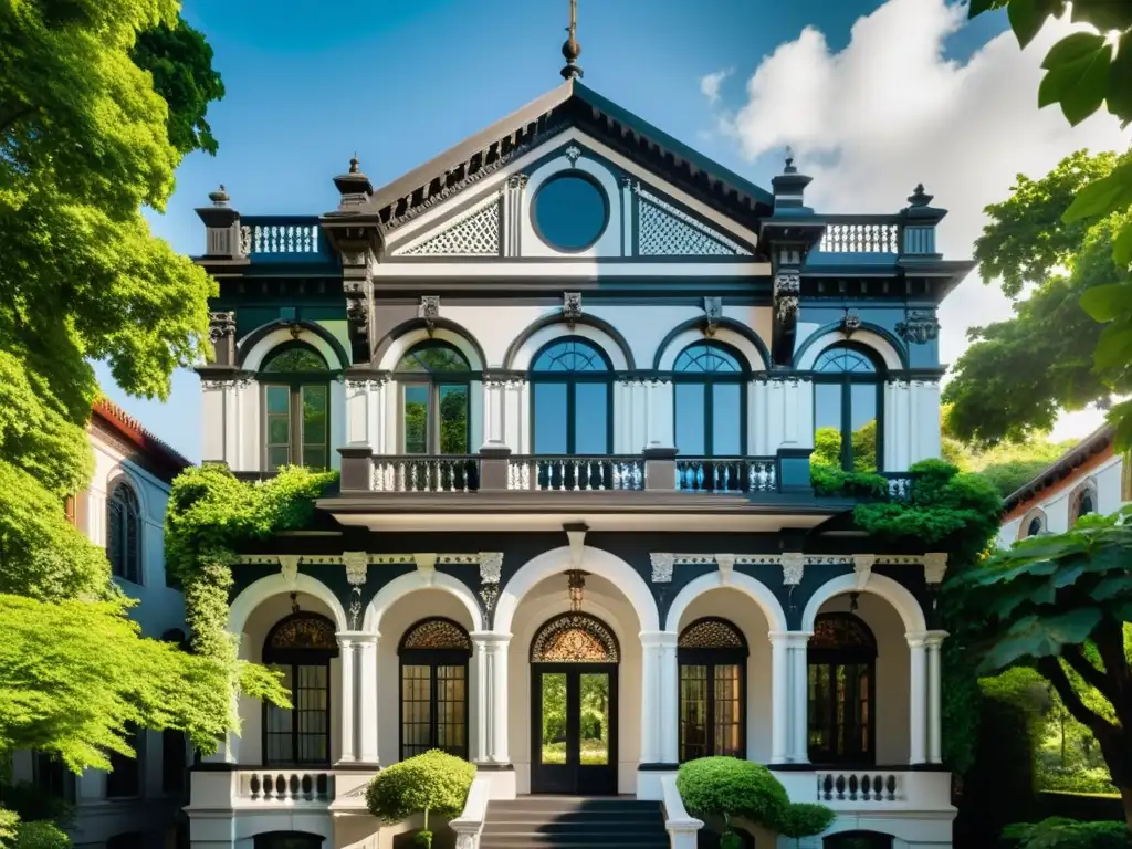 Foto vintage en blanco y negro de un edificio histórico con detalles arquitectónicos, rodeado de vegetación exuberante