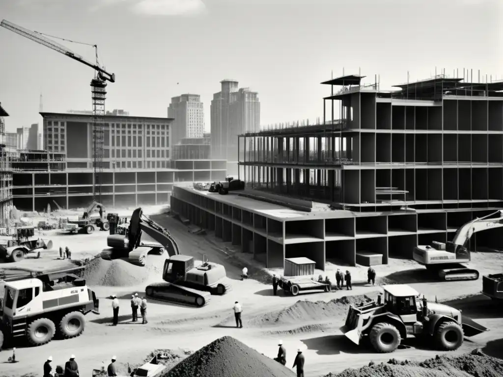 Foto vintage en blanco y negro de un bullicioso sitio de construcción en la ciudad, mostrando la energía y escala de un gran proyecto arquitectónico