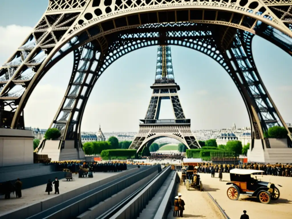 Foto vintage en blanco y negro de la construcción de la Torre Eiffel en París, mostrando la arquitectura histórica en la ciudad