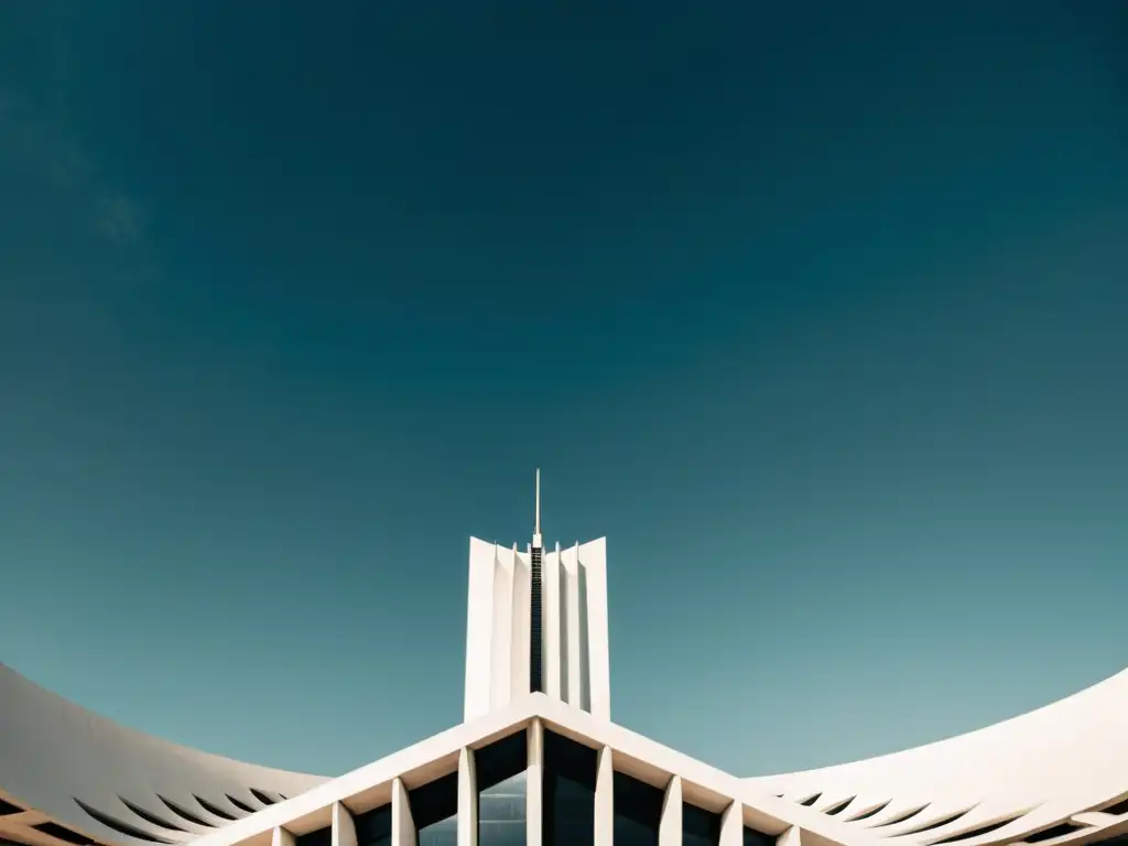 Una foto vintage en blanco y negro de la icónica arquitectura modernista en Brasilia, mostrando sus líneas limpias y diseño futurista