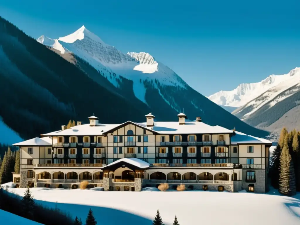 Foto vintage en blanco y negro de un hotel de montaña entre picos nevados, con arquitectura impresionante y vistas panorámicas