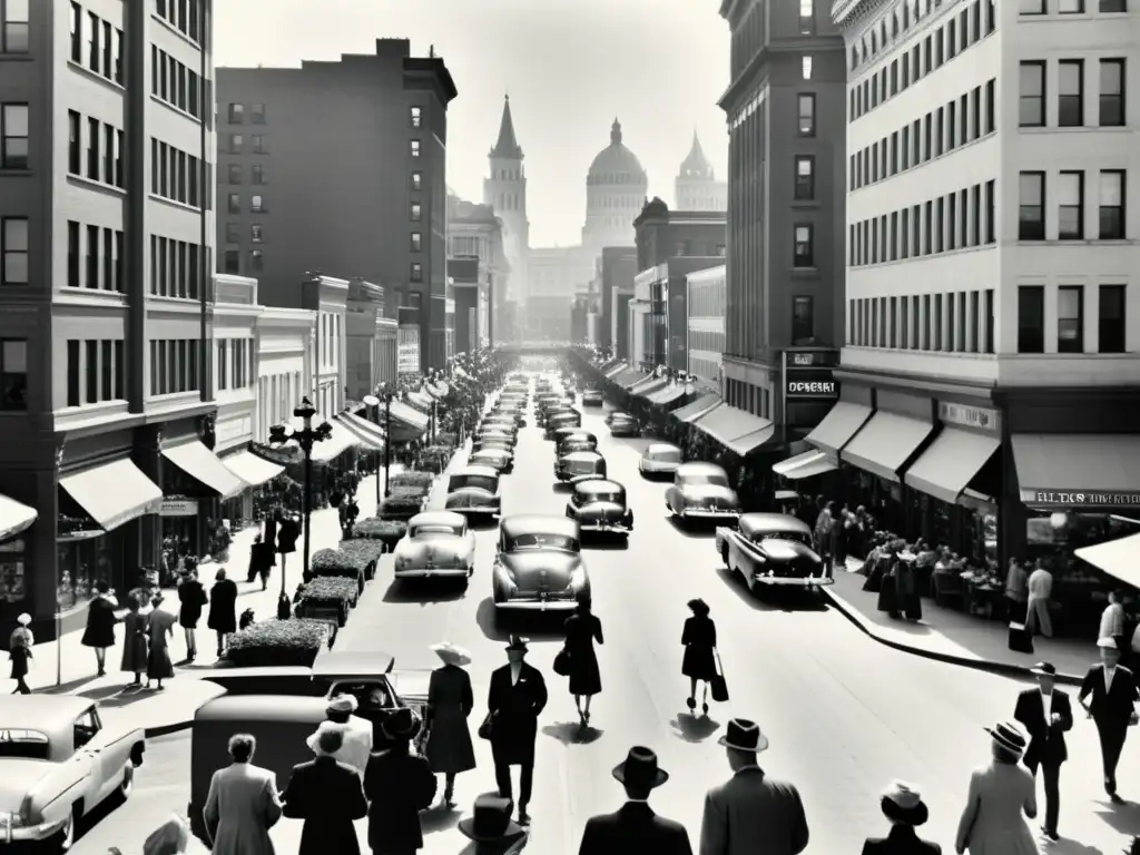 Foto vintage en blanco y negro de una bulliciosa calle de la ciudad con desarrollo sostenible y planificación urbana participativa