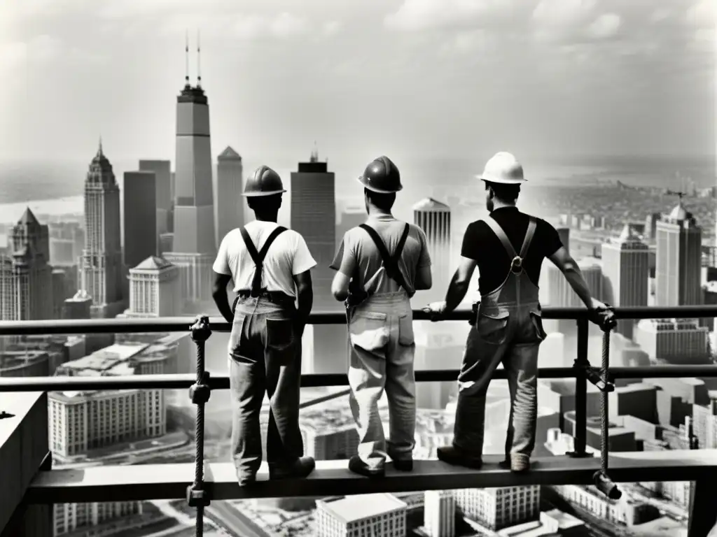 Foto vintage en blanco y negro de valientes obreros en una viga de acero sobre la ciudad, con rascacielos en construcción