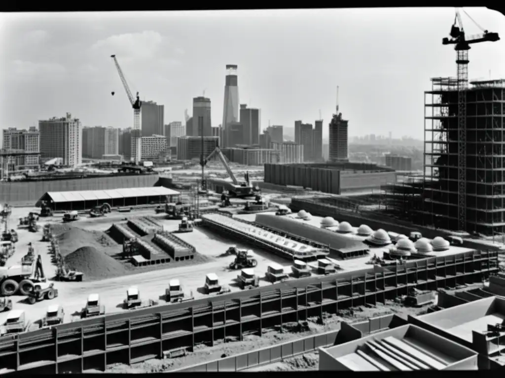 Foto vintage en blanco y negro de un bullicioso sitio de construcción