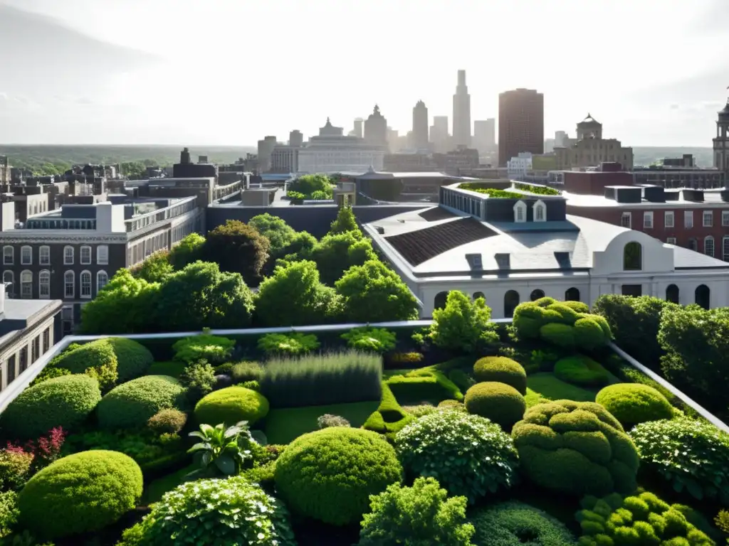 Foto vintage en blanco y negro de una ciudad histórica con azoteas verdes, mostrando la integración de la naturaleza en la arquitectura histórica