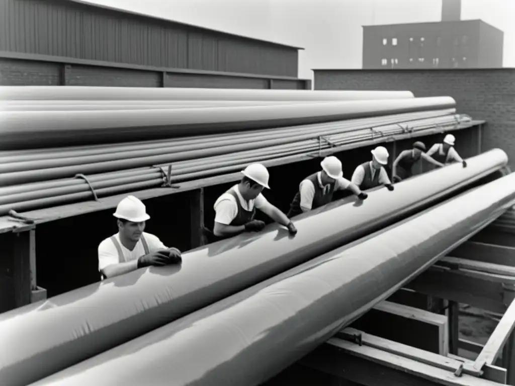 Foto vintage en blanco y negro de obreros usando materiales plásticos en un sitio de construcción del siglo XX