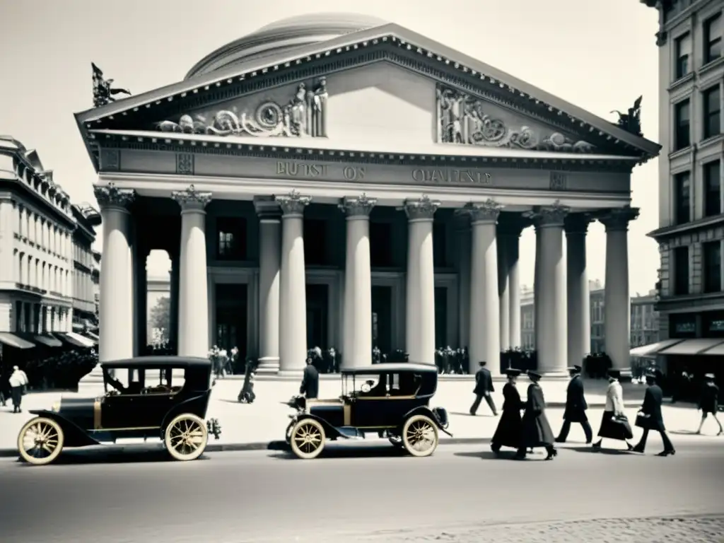 Foto vintage de una bulliciosa calle de la ciudad del siglo XX con arquitectura clásica y personas utilizando dispositivos de asistencia