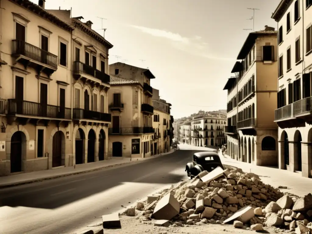 Foto vintage de una calle destruida en la posguerra en Europa, con escombros y sepia que evoca la reconstrucción y diseño arquitectónico de la época