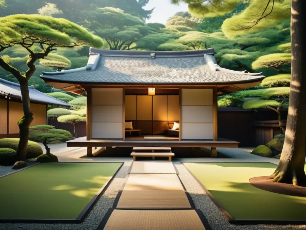 Foto vintage de casa de té japonesa con arquitectura de madera y jardín sereno, evocando la belleza de la arquitectura asiática