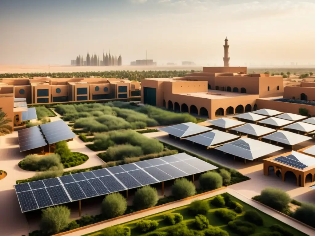 Foto vintage de la ciudad de Masdar con arquitectura sostenible, paneles solares y torres eólicas