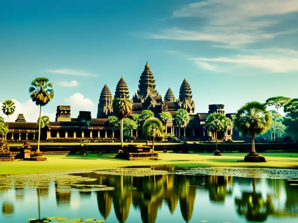 Foto vintage de Angkor Wat en Camboya, con sus detallados relieves de piedra y altas torres, rodeado de exuberante vegetación y un cielo azul sereno