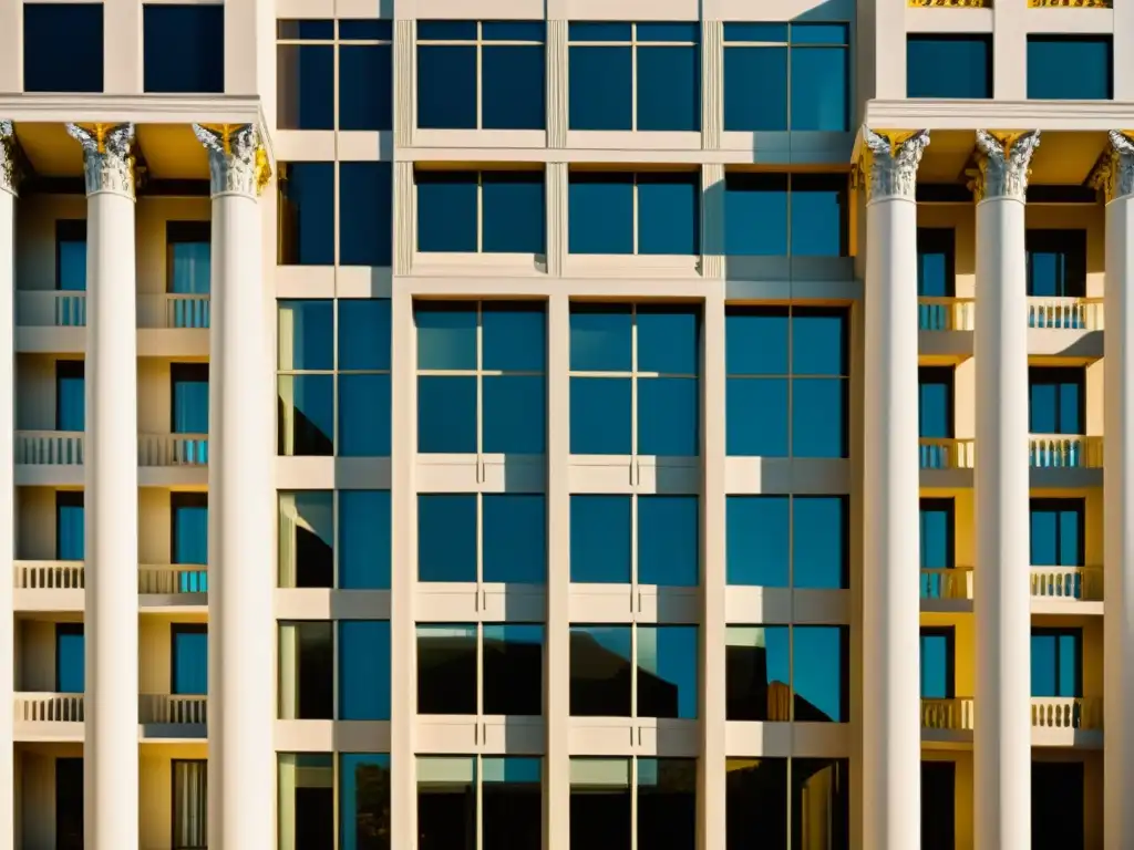 Foto vintage de un edificio postmoderno, fusionando elementos clásicos y contemporáneos