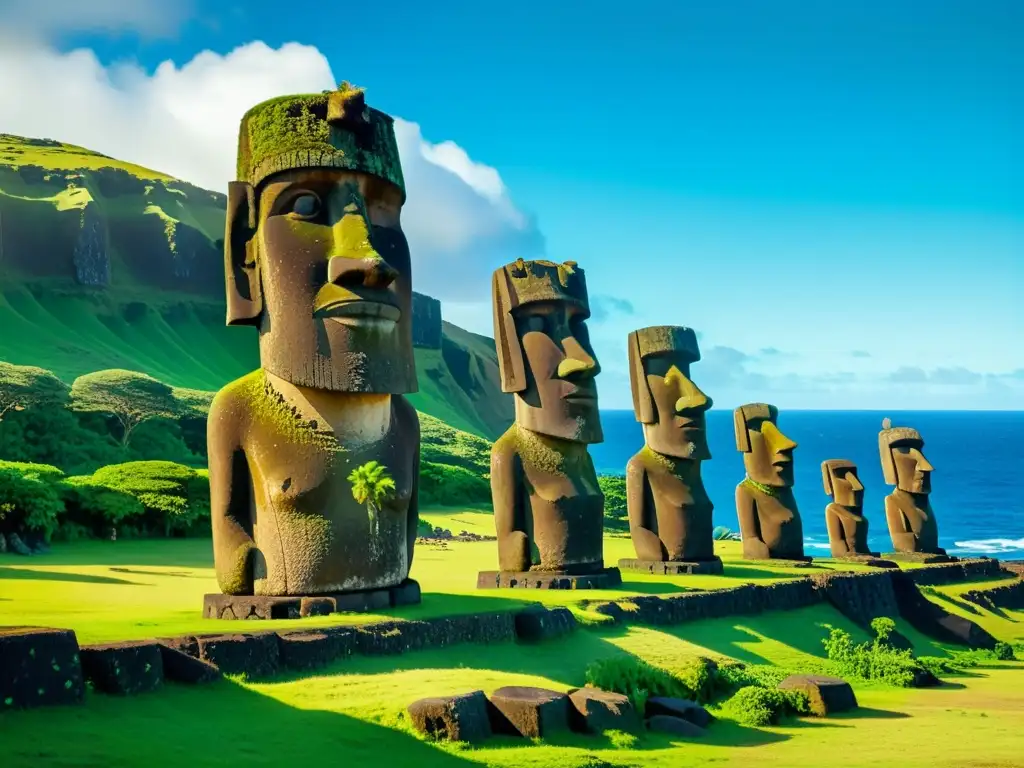 Foto vintage de las enigmáticas estatuas moai en la misteriosa Isla de Pascua, reflejando la arquitectura de civilizaciones desaparecidas